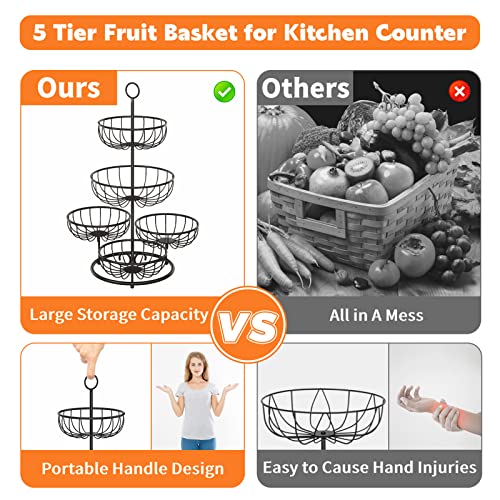 Pouhenier.jh 5 Tier Fruit Basket Bowl For Kitchen Counter, Large Capacity Metal Wire Countertop Vegetables Storage Rack, Detachable Produce Stand Holder Organizer For Onions Potatoes Bread Snack, Black #TOP1