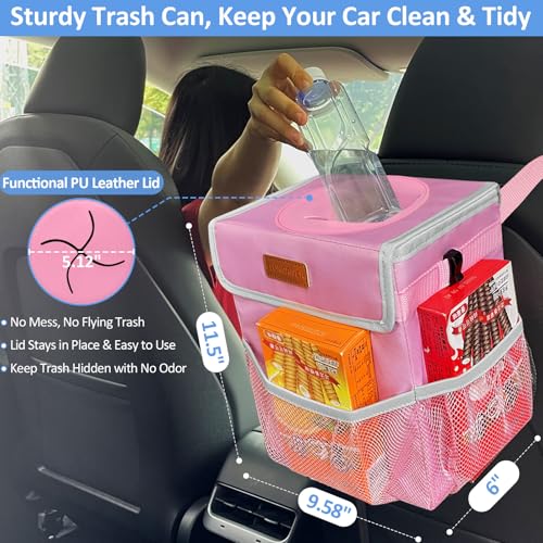 Image of ELONGRIVER Car Trash Can Bin for Back Seat Leak Proof, Cute Car Trash Bag Hanging, Vehicle Trash Can for SUV Truck Van, Automotive Garbage Cans Front Seat Pink