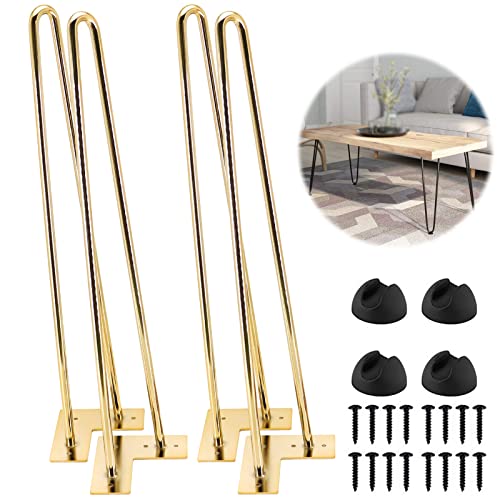 Patas de mesa de metal, Patas de mesa de metal con diseño de horquilla (paquete de 4), diseño de 2 varillas, con tornillos y protectores de 85 cm, multicolor(Gold)