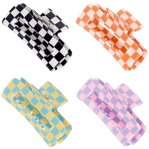 Checkered Rectangle Hair Claw Clips Large Acrylic Multicolored Square Checker Barrettes for Thin Thick Hair Cute Non Slip Hair Jaw Clips Strong Hold Rectangle Claw Clamps for Women Ladies (4 Pack)