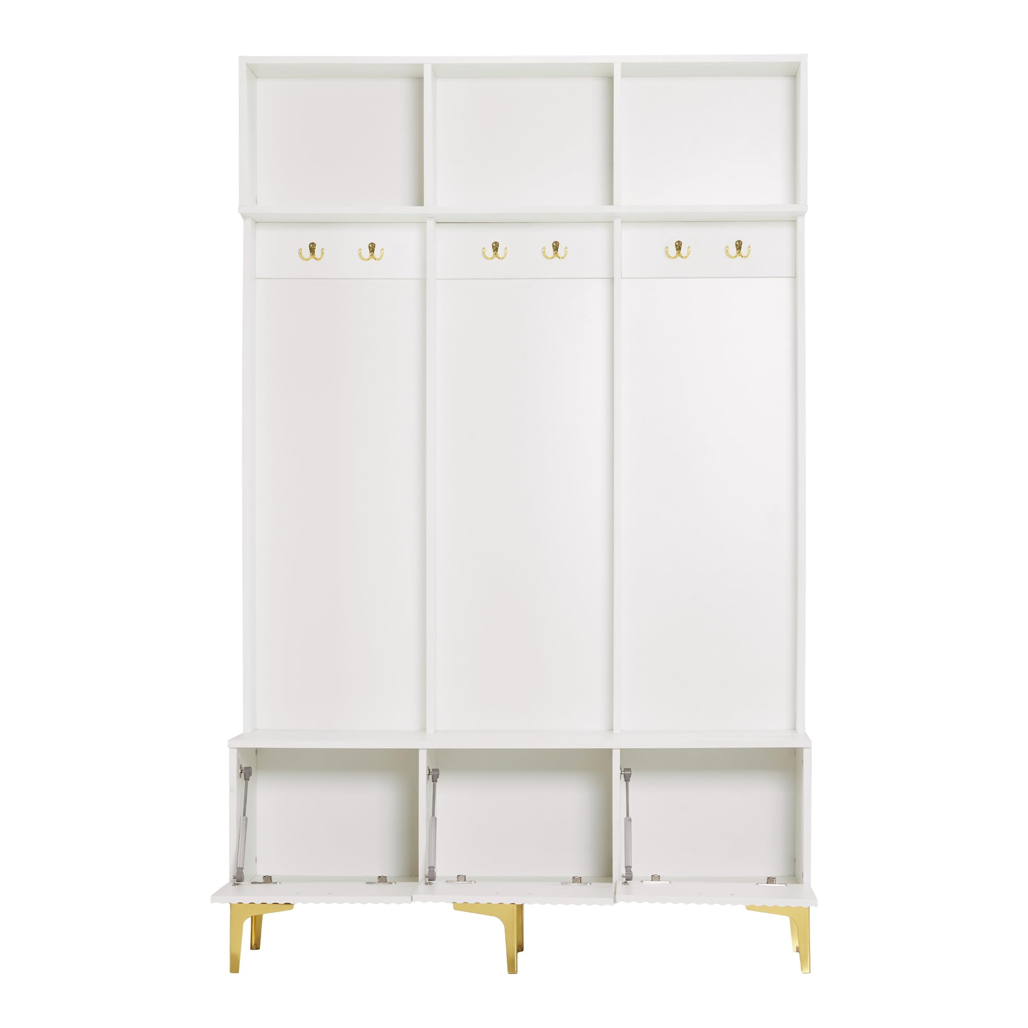 SUKY Set appendiabiti con panchina, bianco, 120 x 23,5 x 191,5 cm, multifunzionale, portaoggetti aperto, 6 ganci e piedi dorati, adatto per corridoio, soggiorno