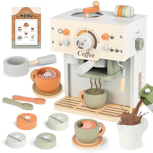 Dreamon Machine À Café en Bois Jouet pour Enfants, Service À Thé pour Tout-Petits Jeu D’Imitation avec Accessoires De Cuisine, Jeu De Rôle Boutique Jouet pour...