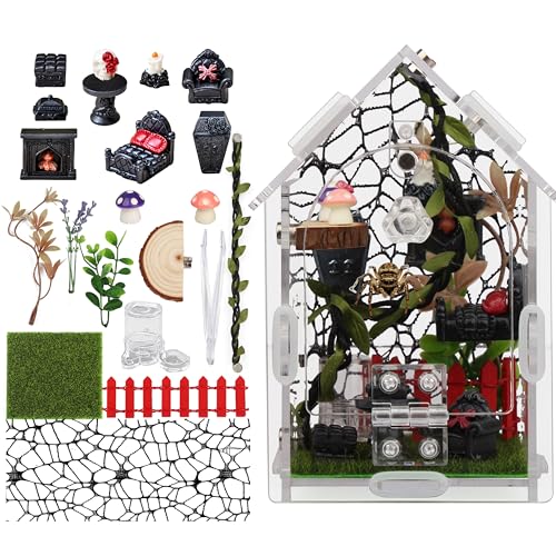 Image of Jumping Spider Enclosure Kit with Accessories | Acrylic terrarium for tarantula mantis reptile. Magnetic lock & feeder. Clear 360 view. DIY decor set.
