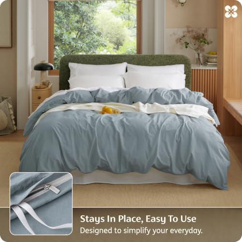 Image of Bedsure PureWoven 100% Washed Cotton Duvet Cover Only, Queen, Dusty Blue | 1 Duvet Cover, No Pillow Shams, Linen Like Textured, Lightweight & Breathable for All Seasons, Zipper Closure, 8 Corner Ties