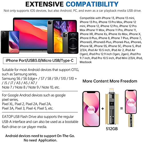 Image of EATOP USB Flash Drive 512GB iPhone Memory Stick Storage for Photos and Videos, iPhone Mobile Photo Stick Storage Flash Thumb Drive Compatible with iPhone iPad Android and Computers (Gold)