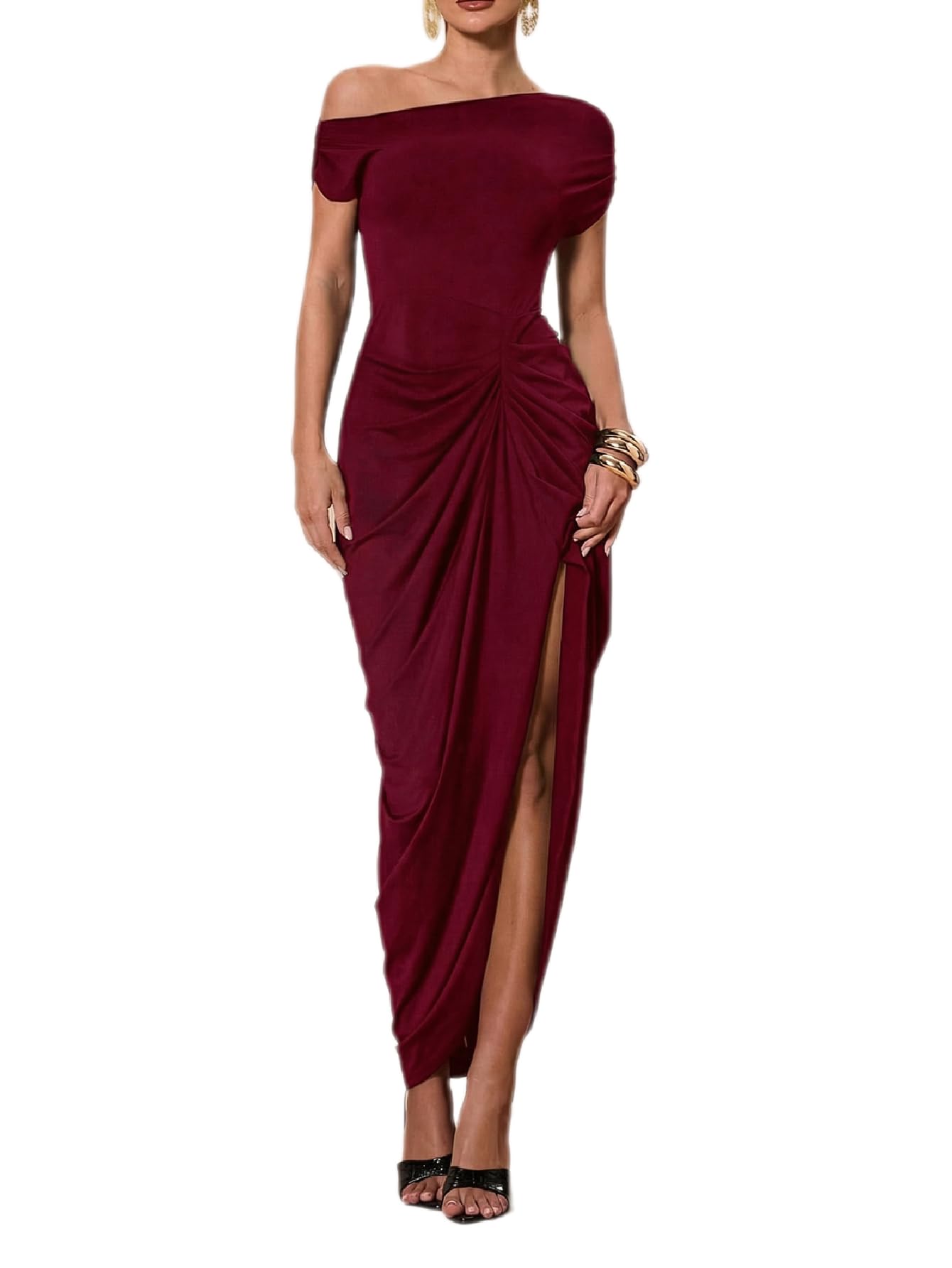 Photo 1 of Floerns Women's Elegant Long Dress Asymmetrical Off Shoulder Ruched Slit Bodycon Cocktail Dresses Burgundy Large