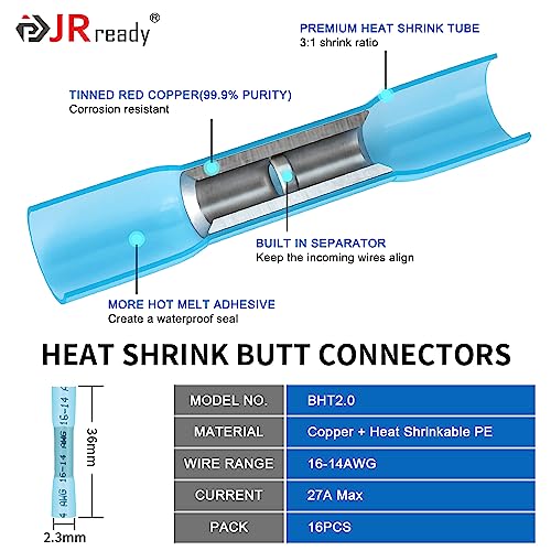 JRready ST9028 Deutsch Connector Kit - 2 Wire DT Pigtail Grey 4 Sets with 16AWG GXL Automotive Wire, Includes 16 pcs Heat Shrink Butt Connector Waterproof for Automotive Car, Truck, Boats - Thumbnail 6