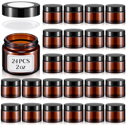 Image of Layhit 24 Pcs 2 oz Glass Jars with Lids Airtight Jars Bulk,Amber | Empty, Airtight, Leakproof, Reusable, Small Jar with Blank Labels & Liners Lids, Travel Jars for Cream, Lotions, Candle