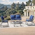 YITAHOME 4-Piece Patio Furniture Set, Wicker Outdoor Bistro Set, All Weather Rattan Patio Conversation Set with Soft Cushions and Glass Side Table for Backyard, Balcony, Deck - Navy Blue