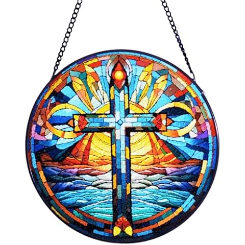 Stained Glass Cross Window Hanging, 8''/20CM Suncatchers for Windows Diamond Textured Glass Cross Decorative Hanging Ornaments Stained Glass for Chirstmas Suncatcher Window Panel Gift Home Decor (B) Cover