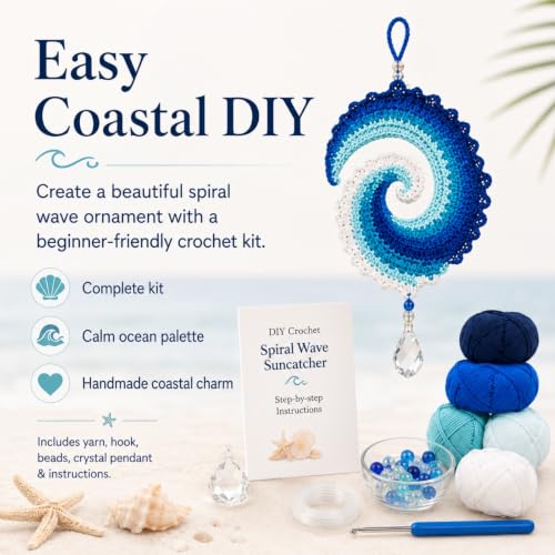 Ocean Wave Crochet Wind Spinner DIY Kit, Coastal Crystal Suncatcher (1PC)
