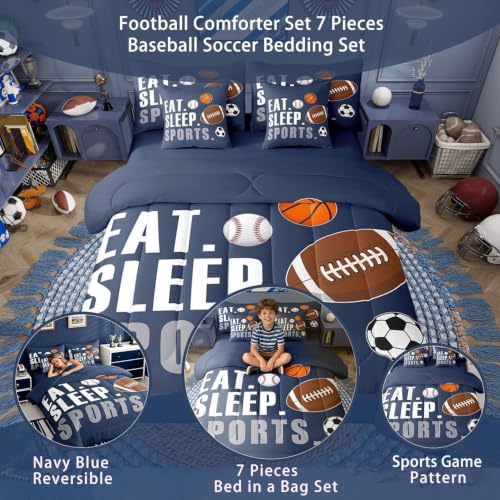 Image of Feelyou Sports Comforter Set 7 Pieces King Size Boys Bedding Set Kids Football Basketball Baseball Soccer Bed in A Bag with Sheets, Pillow Covers, Pillowcases, Navy Blue Sports Game Comforter
