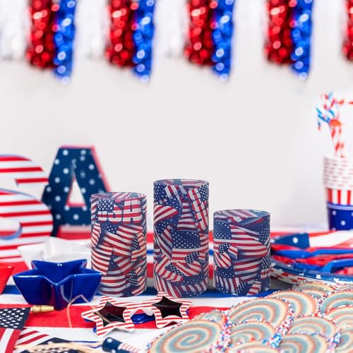 Image of NJAO HOO Patriotic American Flag Flameless LED Battery Operated Pillar Candles with Remote Control and Timer, 4th of July Candles for Home Decor Set of 3