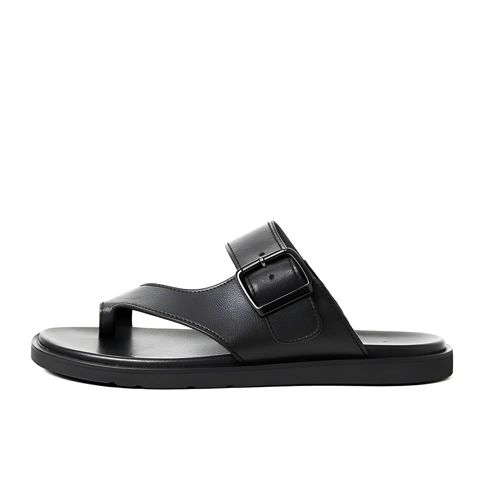 micheal feraas Men's Black Buckle Strap Leather Sandals – Comfortable Slip-On Flat Sole Casual Outdoor Footwear-picture-39