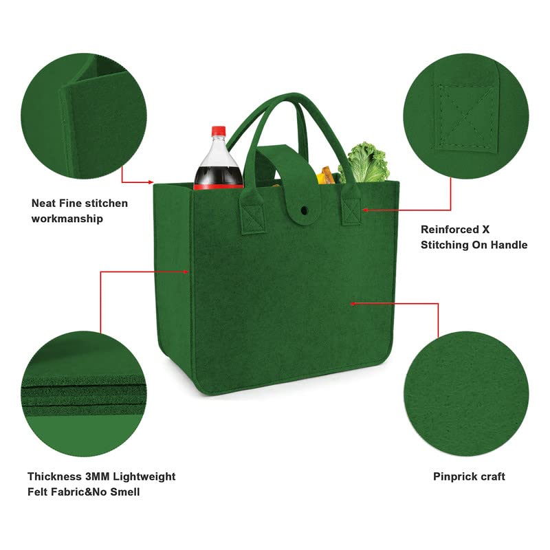 Image of Felt Fabric Reusable Shopping Bag with Handle & Button Closure for Grocery, School, Beach, Travel, Study, Gym, Gifts | Size - 30x34.5x17.8cm