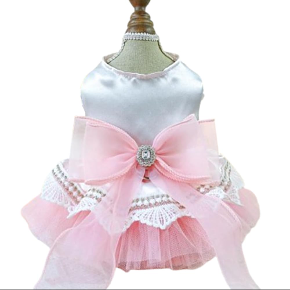 JAAQUCD Pink Bow Tie Dog Dress for Small Dogs Girl Puppy Clothes with D-Ring Holiday Cat Harness Dresses Pet Party Outfit for Wedding Birthday Engagement Valentines (Pink Bow, X-Small)