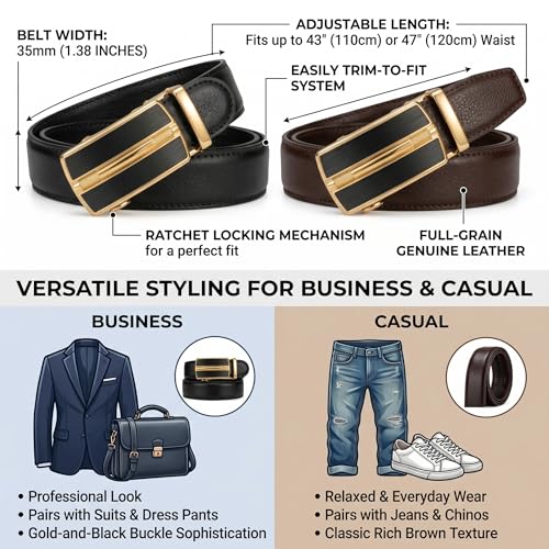 Image of JINIU Men's Ratchet Belt Buckle, Black Genuine Leather Slide Belt for Men Dress Suit, Micro Adjustable Trim to Fit Boxed