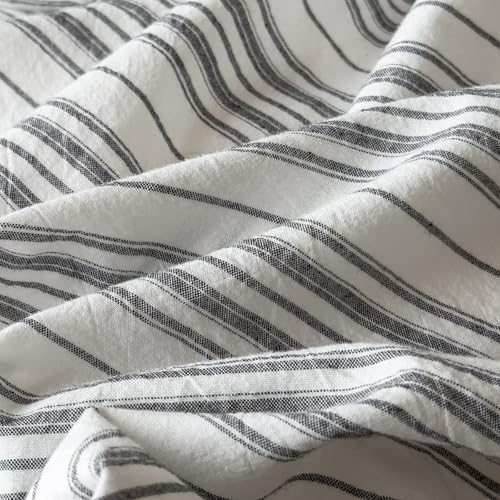 Image of EAVD Retro Grey White Striped Duvet Cover Queen Soft 100% Washed Cotton Reversible Striped Bedding Set with 2 Pillowcases Farmhouse Geometric Pattern Duvet Cover with Zipper Closure