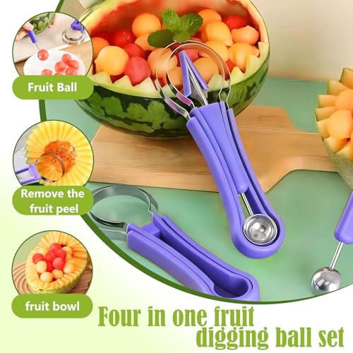 Image of Suuker Melon Baller Scoop Set,4 In 1 fruit cutters shapes, watermelon scooper fruit scooper and baller, fruit carving tools (Dark Blue)