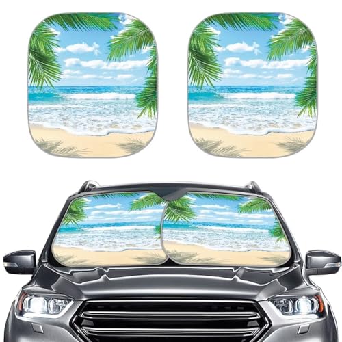 Image of Summer Beach Windshield Sun Shade Foldable 2-Piece Car Windshield Sunshades Reflect UV Sun Heat Protector Removable Automotive Accessories for Car Truck SUV