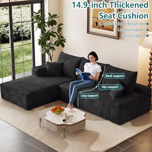 Image of 95 inch Modular Sectional Couch, Boneless L Shaped Cloud Sofa with Chaise Lounge, Corduroy Upholstered Couches Memory Foam Deep Seat, No Assembly Required, Ideal for Living Room(Black, Left Facing)