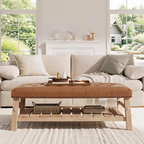 GDFStudio 48" Rectangle Ottoman Coffee Table with Storage Shelf, PU Tufted Upholstered Foot Rest for Couch with Nailhead Trim & Solid Wood Legs, Large Ottoman Bench for Living Room Bedroom, Brown by GDFStudio - Used condition - Image 3