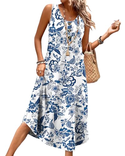 Image of WIHOLL Summer Dresses for Women UK Ladies Sleeveless Dress Womens Button Front Beach Sundresses with Pockets Midi Length Dresses Size 18-20 Blue Print