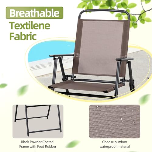 Vongrasig 6 Pieces Folding Patio Dining Set, All Weather Small Metal Outdoor Table and Chairs Set, Patio Furniture Set w/Umbrella, Glass Table & 4 Folding Chairs for Garden, Lawn, Backyard, Brown - Image 4