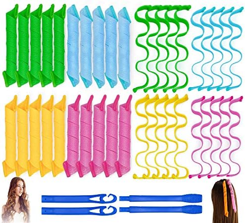 40PCS Hair Curlers Heatless Magic Hair Rollers Wave and Spiral Two Styles Formers(12inches) with 4PCS Styling Hooks Kit DIY Hair Curlers No Heat Damage for Most Hairstyles Short and Medium Hair