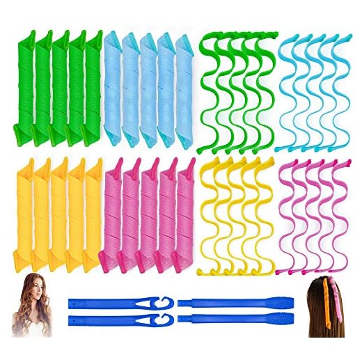 40PCS Hair Curlers Heatless Magic Hair Rollers Wave and Spiral Two Styles Formers(12inches) with 4PCS Styling Hooks Kit DIY Hair Curlers No Heat Damage for Most Hairstyles Short and Medium Hair
