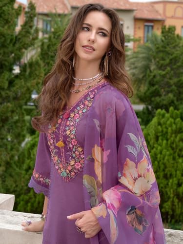 Image of INDO ERA Women's Silk Blend Embroidered A-Line Kurta and Pant with Dupatta Set (Ieout6682)