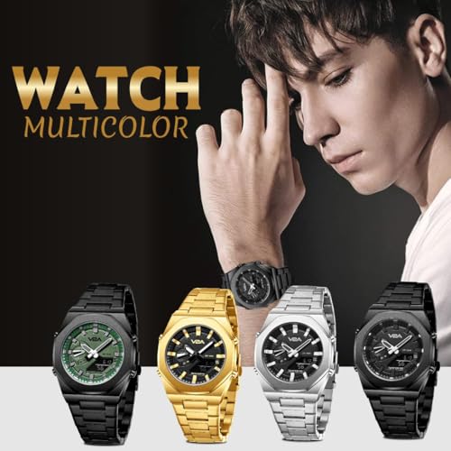 Image of V2A Allure Analogue-Digital Watch for Men, Alloy Case, Stainless Steel Band, 30M Water Resistant, 5 Alarms, World Time, Countdown, Stopwatch Men Watch | Birthday Gift for Man (Black-Black)