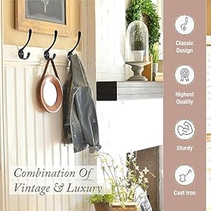 Rustic Cast Iron Coat Hooks 4 Pack Wall Mounted Farmhouse Decorative Wall Hooks Vintage Hooks for Hanging Coats Bags Hats Towels Powder Coated Black