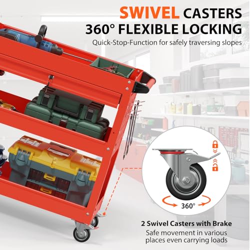 Image of 3 Tier Heavy Duty Rolling Tool Cart with Drawers, Large Storage Utility Cart on Wheels for Garage, Warehouse, Repair Shop (Red)