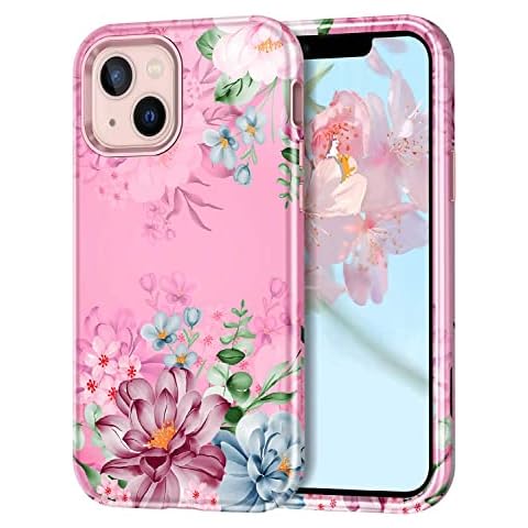 CASEFIV for iPhone 13/iPhone 14 Case, Flower Pattern Colorful Retro Oil Painting Printed Stylish Slim Rugged [Military Grade Drop Tested] Sleek Shockproof Protective Cover for Women Girls, Pink Cover
