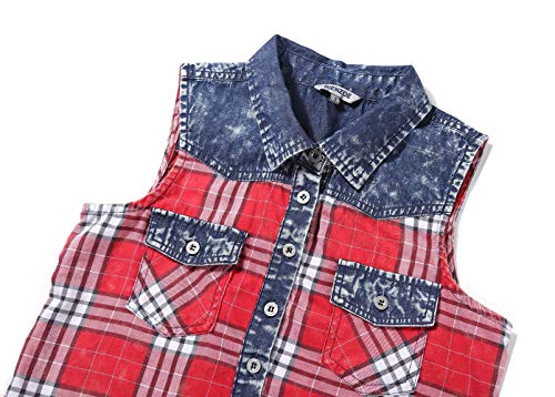 Bienzoe Girls Crop Tank Tops: Cowgirl Plaid Sleeveless Button Down Western Casual Blouse4