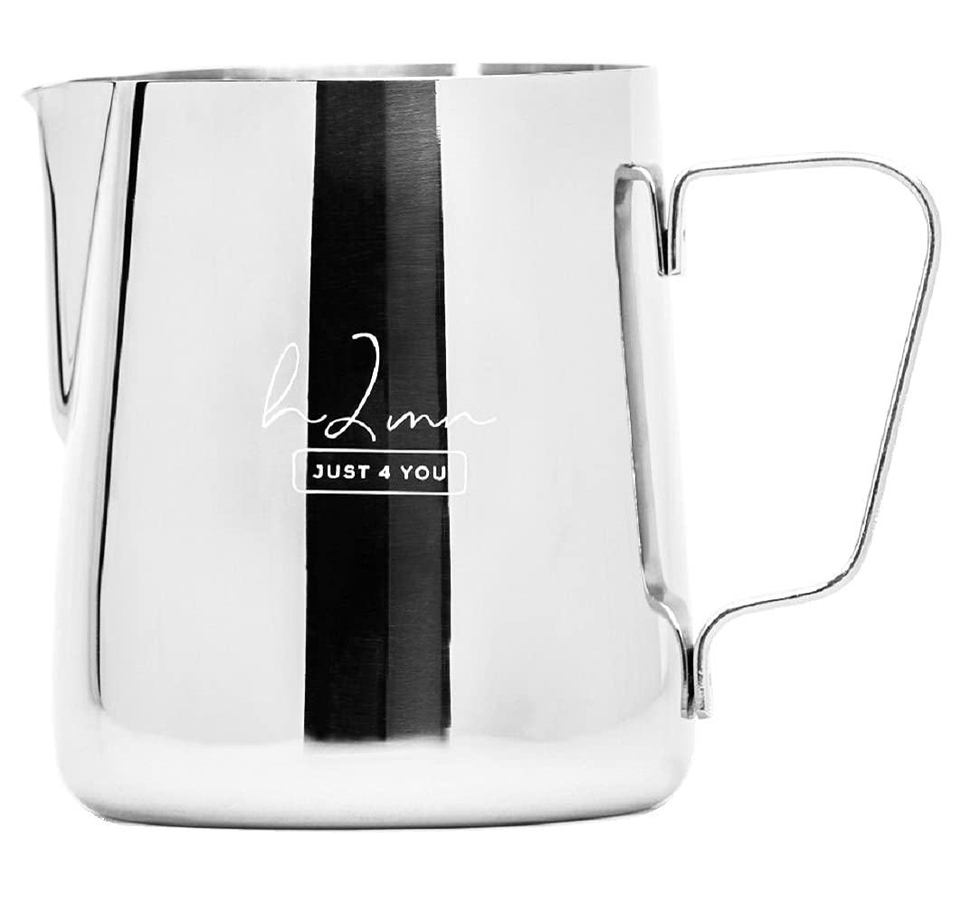 h2mn Stainless-Steel Milk Frothing Pitcher - 12 Oz (350ml), Espresso Steaming Pitcher for Home, Barista and Commercial Kitchens