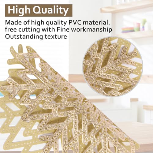 Round Snowflake Placemats,12pcs PVC Gold Table Mat set Heat Resistant Washable Placemat of 6pcs + Coasters Set 6pcs for Home Kitchen holiday Decoration - Image 3