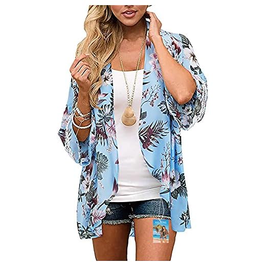 YULOONG Dam Cover Ups Chiffong Blommönster Kimono Rash Guard skjortor Lös sjal Kofta Boho Sommar Casual Blustopp Sexig Beach Badkläder Capes