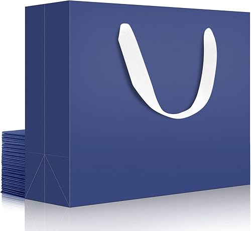 EUSOAR Bolsas de Regalo Grandes Azul Marino, Paquete de 25 - Bolsas de Papel de Compras de 12.5"x4.5"x11" con Asas para Negocios, Manualidades,