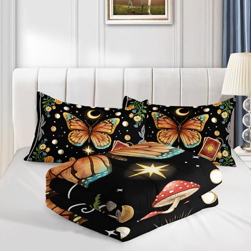 Image of AILONEN Full Celestial Butterfly Comforter Set, Moon Phase Botanical Mushroom Bedding, Boho Night Sky Decor, Lightweight Cozy Microfiber Teens Gamer Cool Loft