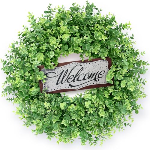 Image of 26 inch Artificial Eucalyptus Wreath with Welcome Sign for Front Door(Green) | Faux Large Greenery, UV-resistant, for Porch /Window /Wall /Farmhouse /Home /Outdoor /Spring /Summer /All Seasons Decor