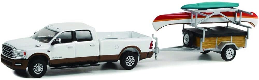 Greenlight 32260-D Hitch & Tow Series 26 - 2022 Ram 2500 Limited Longhorn Bright White & Walnut Brown with Canoe Trailer with Canoe Rack, Canoe and Kayak 164 Scale Diecast