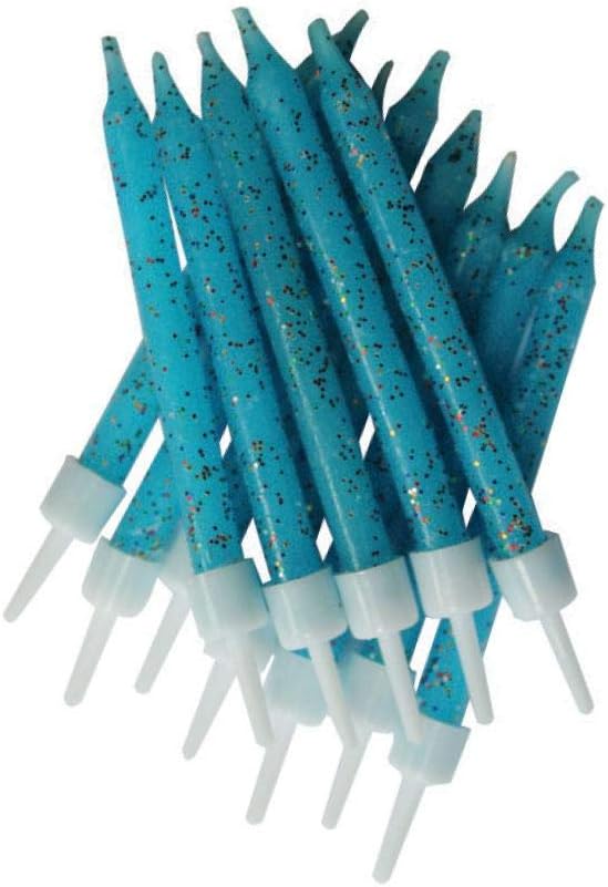 12 Blue Glitter Cake Candles ~ Holders