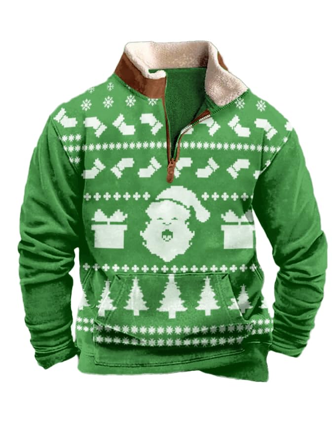 Men's Christmas Sweater Funny Ugly Christmas Sweatshirts 1/4 Zip Stand Collar Long Sleeve Fleece Pullover
