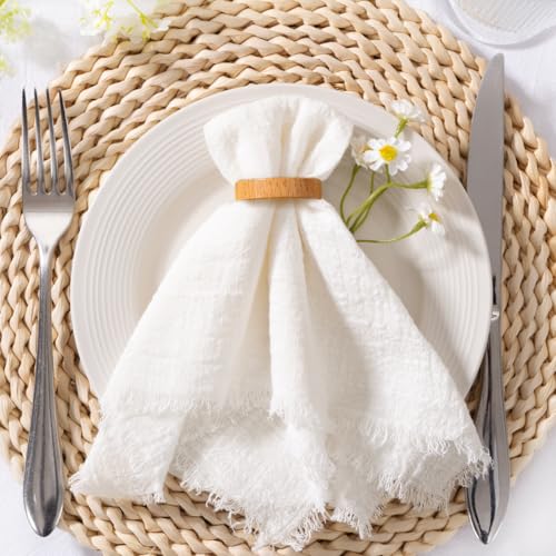 Image of MLMC 10 Pack Ivory White Cloth Napkins with Fringe Boho Linen Napkins Washable Reusable Rustic Dinner Table Decor 17 inchx17 inch for Wedding Party Bridal Baby Shower Home Decor
