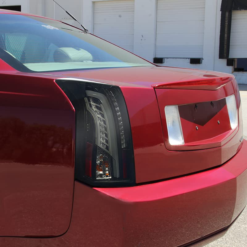 Spec-D Tuning Glossy Black Smoke LED Bar Tail Lights Compatible with 2003-2007 Cadillac CTS, Left + Right Pair Assembly