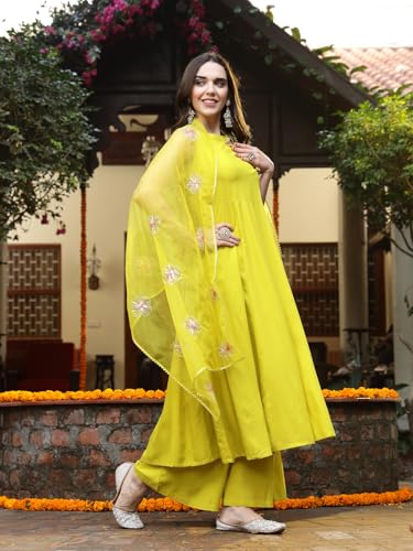 Image of Stylum Women's Solid & Embellished Rayon Flared Kurta Palazzo Dupatta Set