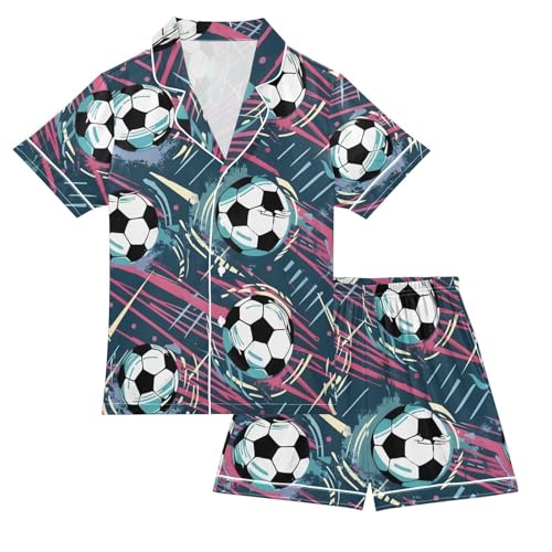 ALAZA Soccer Abstract Pajamas Satin Pajama Set Short Sleeve Button Down Sleepwear