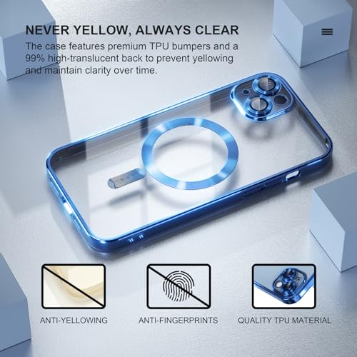 Image of Misea Magnetic for iPhone 14 Plus Case Compatible with MagSafe | [Never Yellowing] [Military Drop Protection] Full Camera Lens Protector Plating Soft Clear Phone Case for Women, Deep Blue